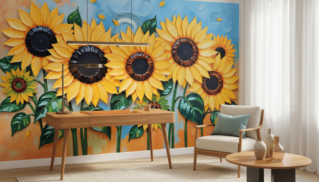 Papier peint tournesols dorés sur fond bleu ciel artistique - Bureau