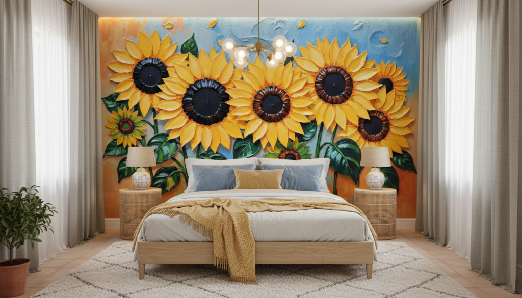 Papier peint tournesols dorés sur fond bleu ciel artistique - Chambre adulte