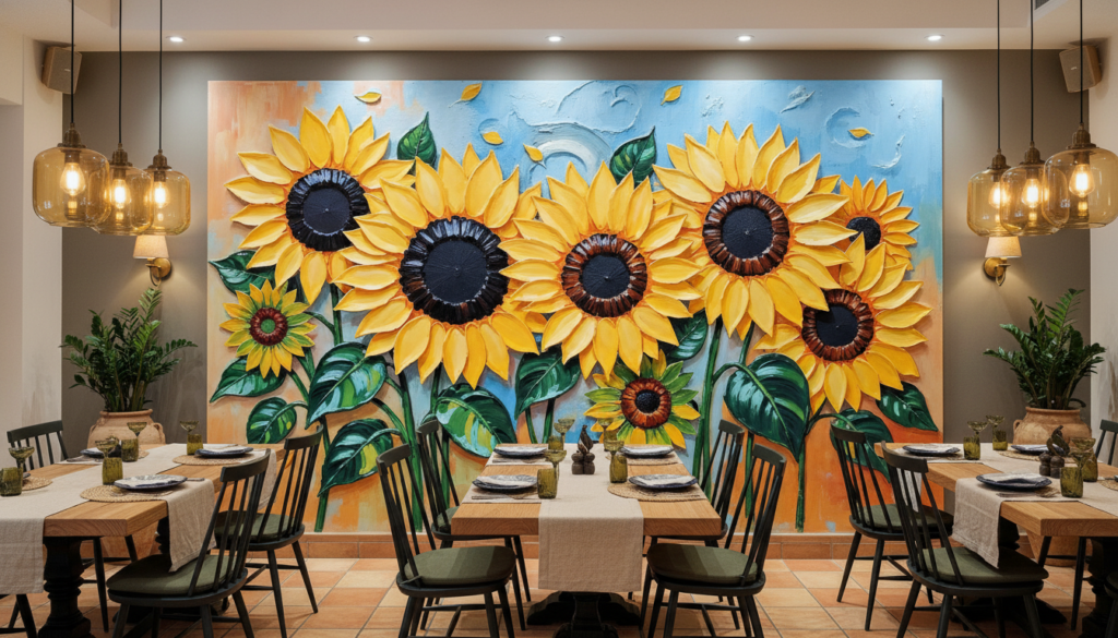 Papier peint tournesols dorés sur fond bleu ciel artistique - Restaurant