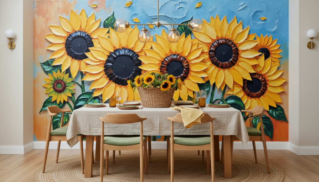 Papier peint tournesols dorés sur fond bleu ciel artistique - Salle à manger