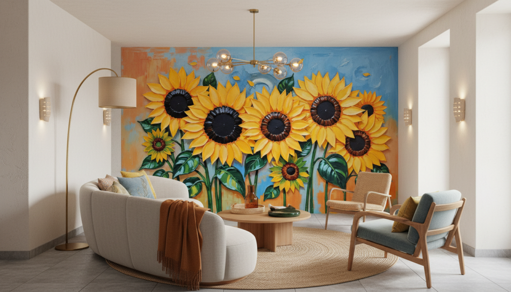 Papier peint tournesols dorés sur fond bleu ciel artistique - Salon / Séjour