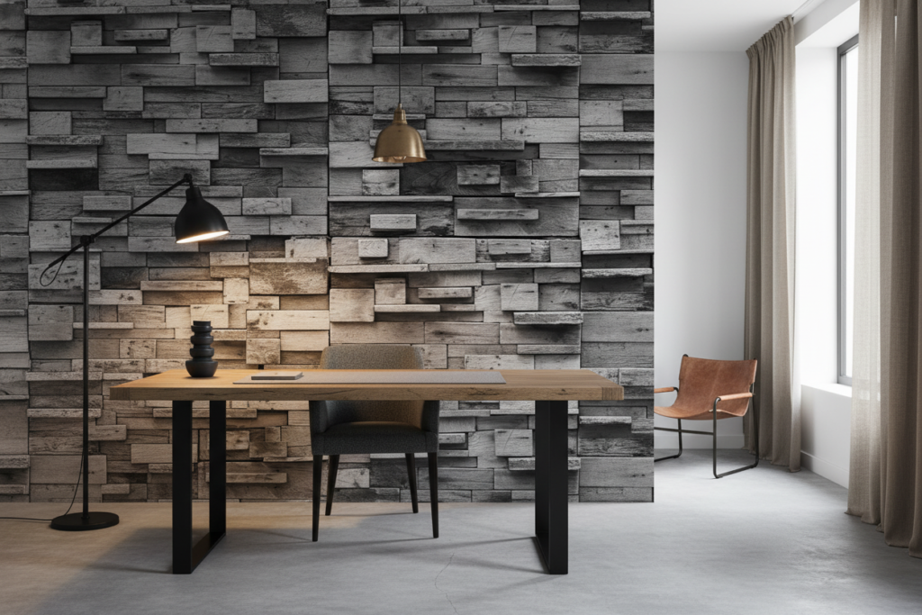 Papier Peint Trompe-l'œil Mur de Briques en Bois Rustique - Bureau