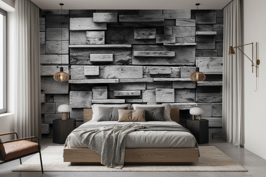 Papier Peint Trompe-l'œil Mur de Briques en Bois Rustique - Chambre adulte