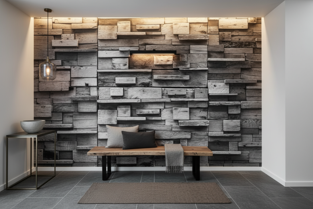 Papier Peint Trompe-l'œil Mur de Briques en Bois Rustique - Entrée