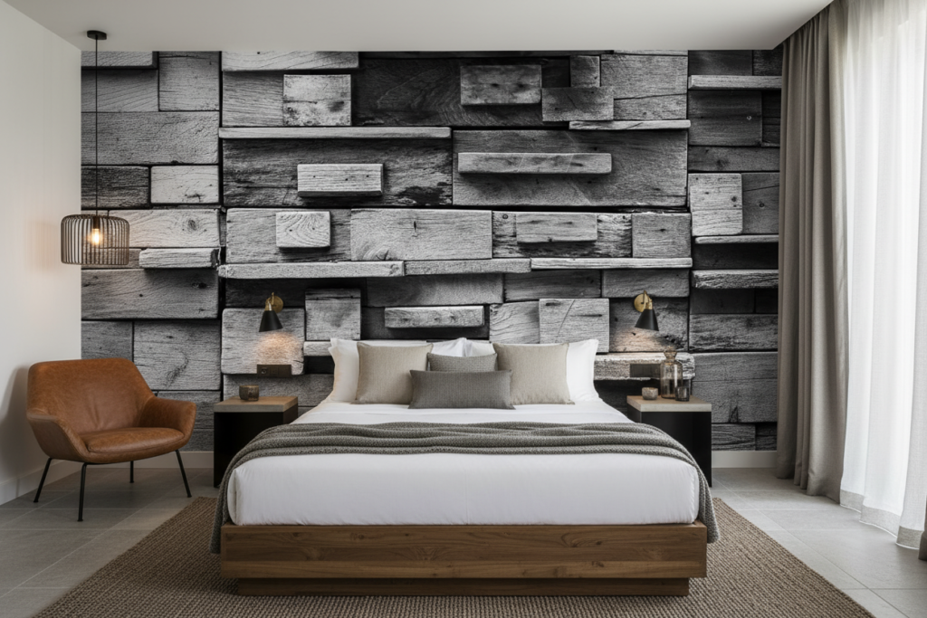 Papier Peint Trompe-l'œil Mur de Briques en Bois Rustique - Hôtel