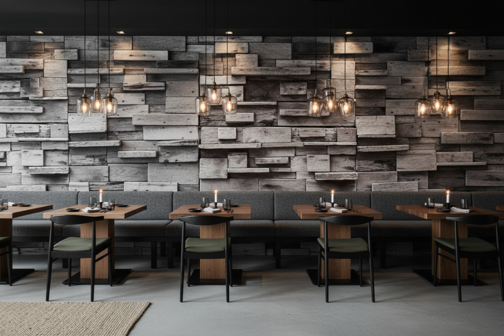 Papier Peint Trompe-l'œil Mur de Briques en Bois Rustique - Restaurant