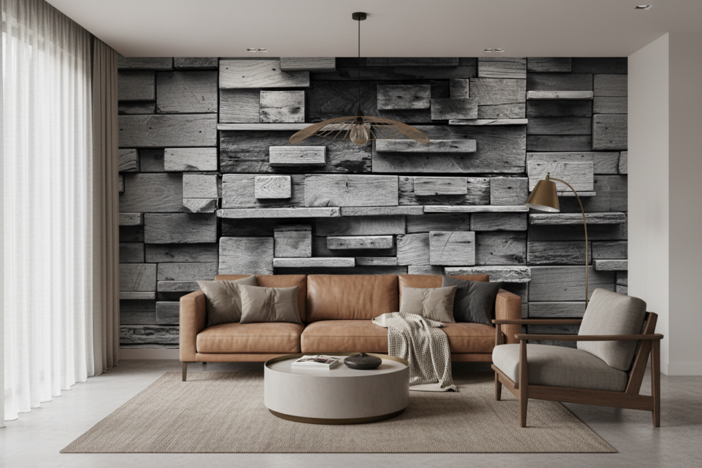 Papier Peint Trompe-l'œil Mur de Briques en Bois Rustique - Salon / Séjour