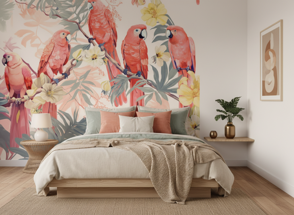 Papier peint tropical avec perroquets roses et fleurs exotiques - Chambre adulte