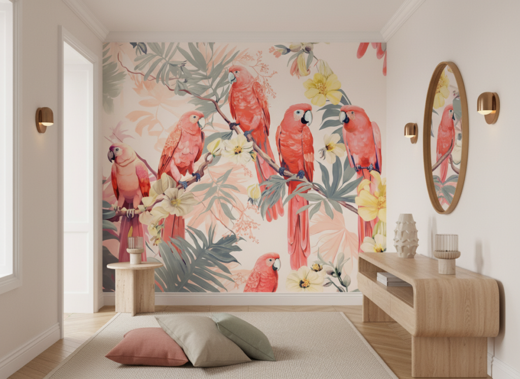 Papier peint tropical avec perroquets roses et fleurs exotiques - Couloir