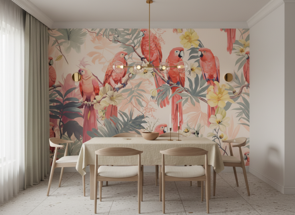 Papier peint tropical avec perroquets roses et fleurs exotiques - Salle à manger