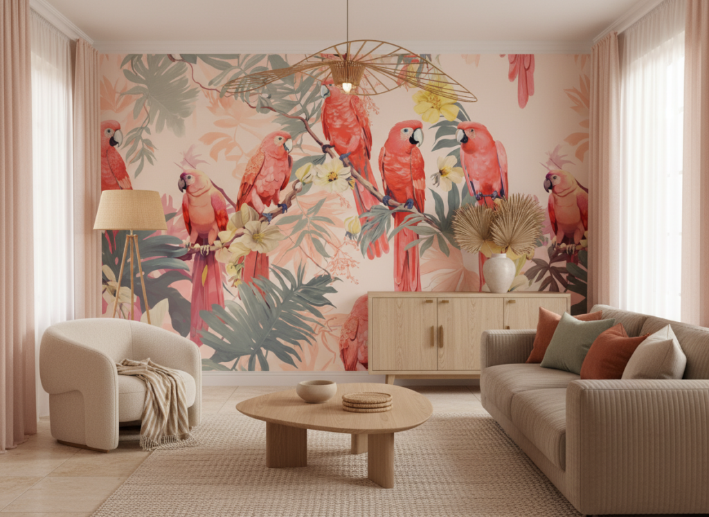 Papier peint tropical avec perroquets roses et fleurs exotiques - Salon / Séjour