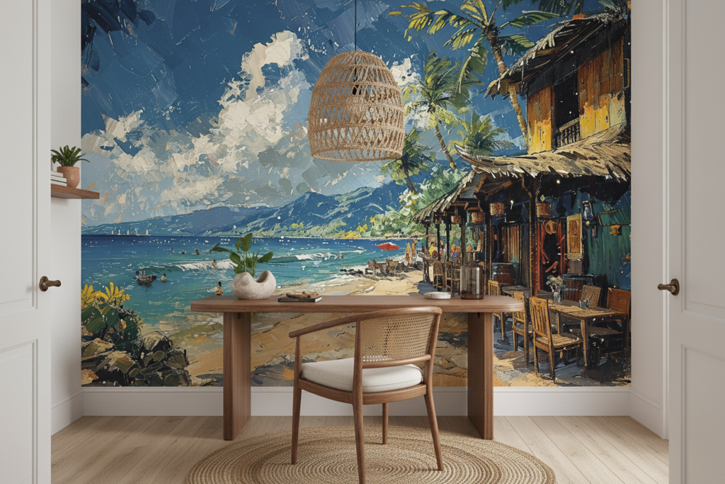Papier Peint Tropical Beach Bar Peinture à l'Huile Vintage - Bureau