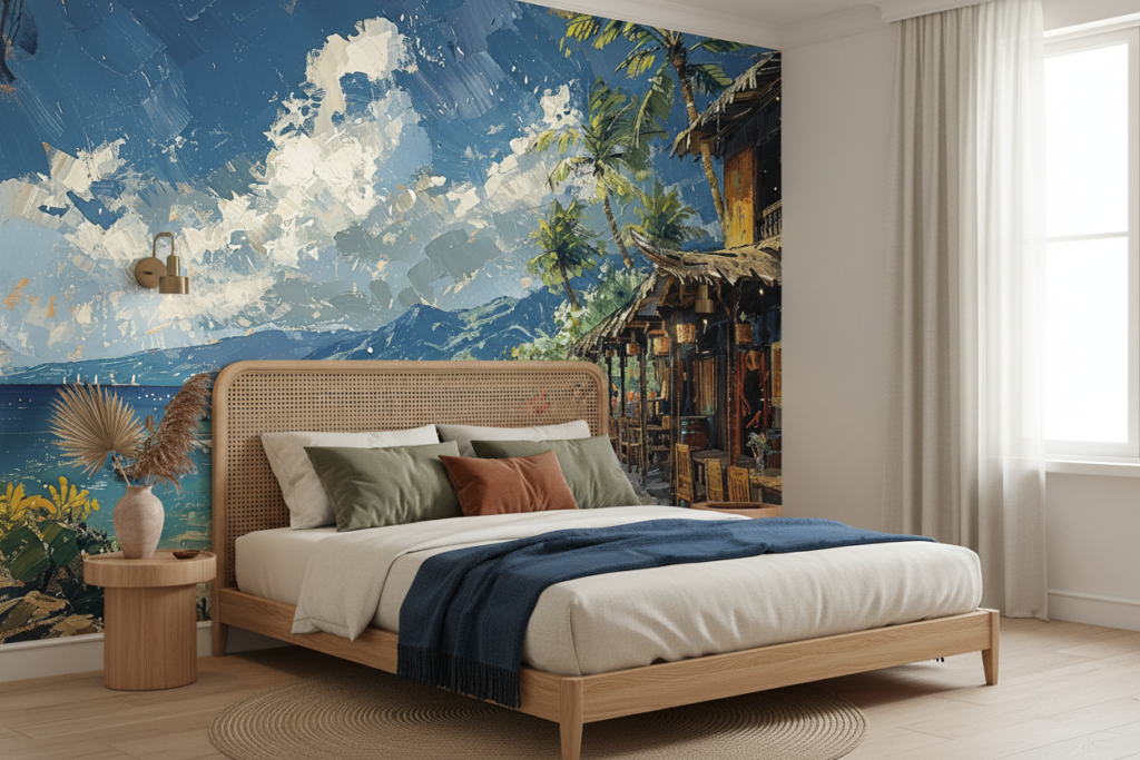 Papier Peint Tropical Beach Bar Peinture à l'Huile Vintage - Chambre adulte