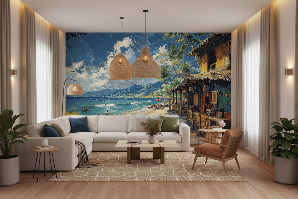 Papier Peint Tropical Beach Bar Peinture à l'Huile Vintage - Hôtel