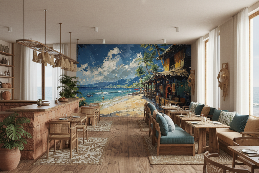 Papier Peint Tropical Beach Bar Peinture à l'Huile Vintage - Restaurant