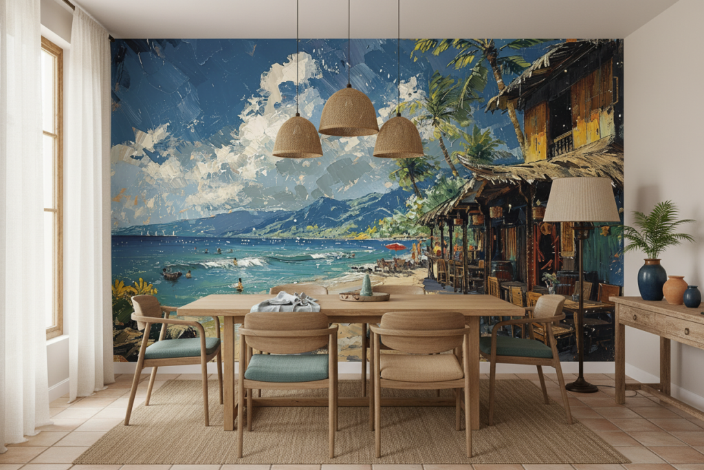 Papier Peint Tropical Beach Bar Peinture à l'Huile Vintage - Salle à manger