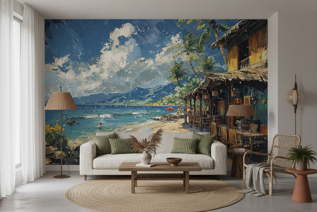 Papier Peint Tropical Beach Bar Peinture à l'Huile Vintage - Salon / Séjour