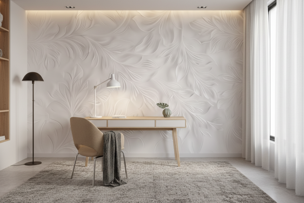 Papier Peint Tropical Blanc Embossé Feuilles de Palmier Relief - Bureau