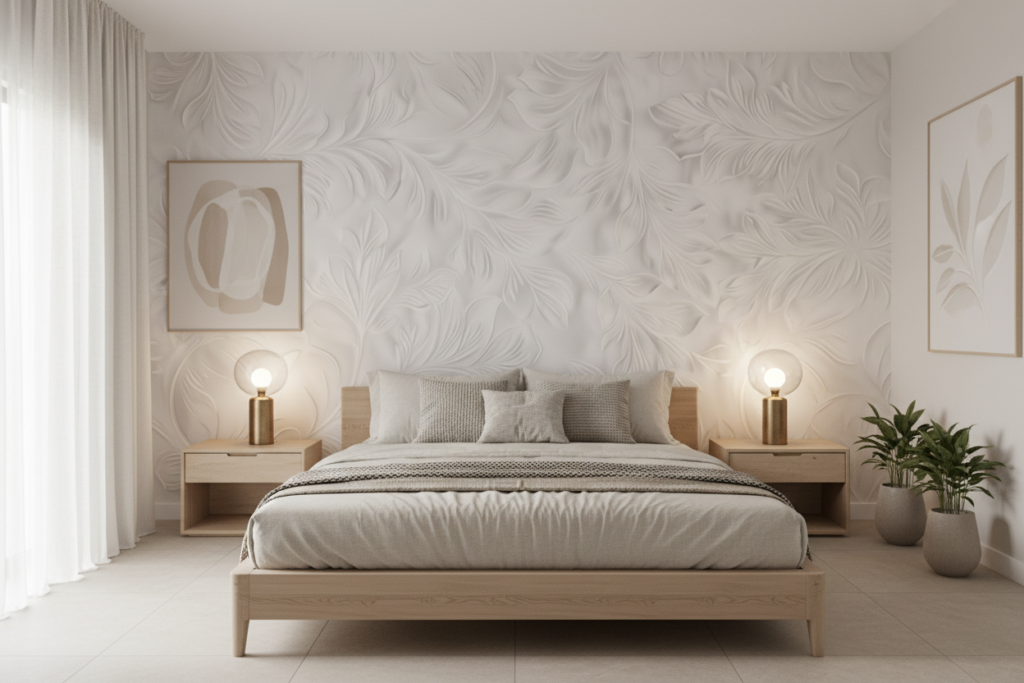 Papier Peint Tropical Blanc Embossé Feuilles de Palmier Relief - Chambre adulte