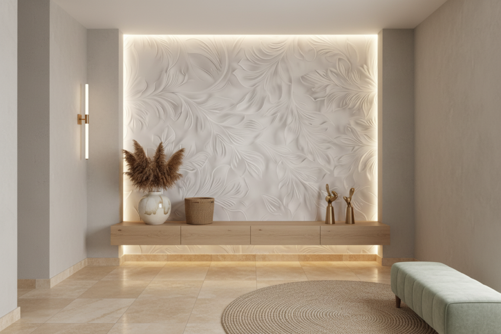 Papier Peint Tropical Blanc Embossé Feuilles de Palmier Relief - Entrée