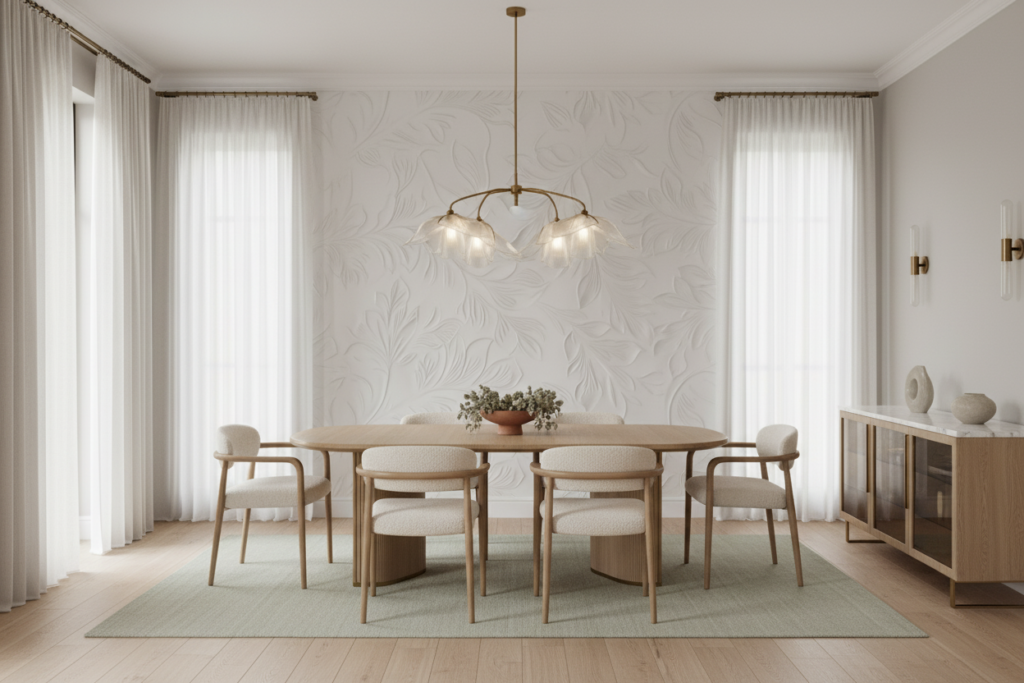 Papier Peint Tropical Blanc Embossé Feuilles de Palmier Relief - Salle à manger