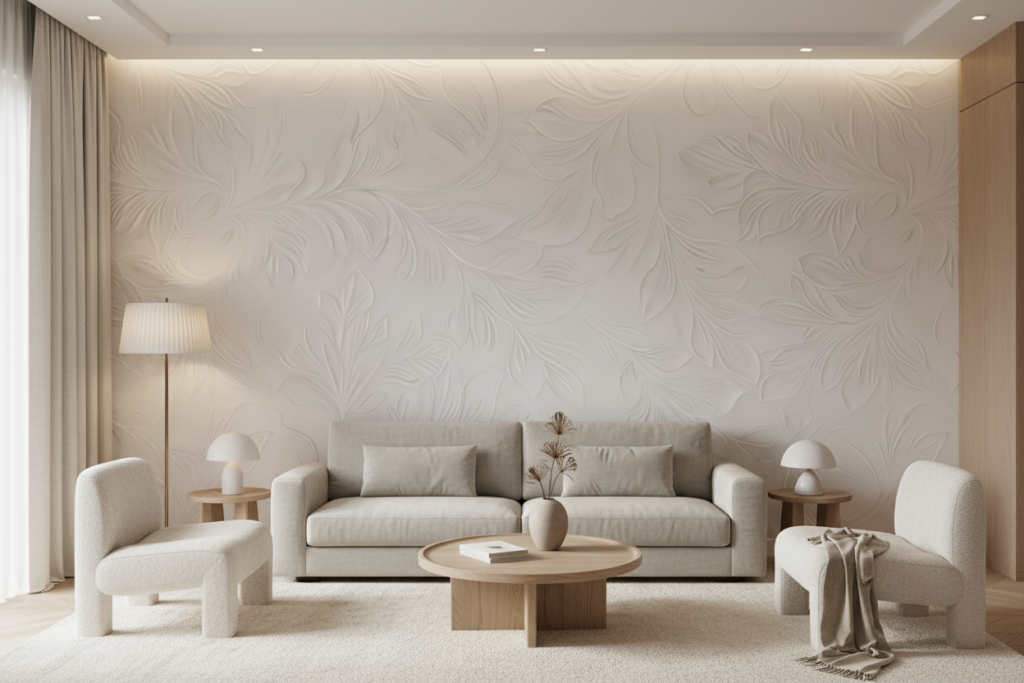 Papier Peint Tropical Blanc Embossé Feuilles de Palmier Relief - Salon / Séjour