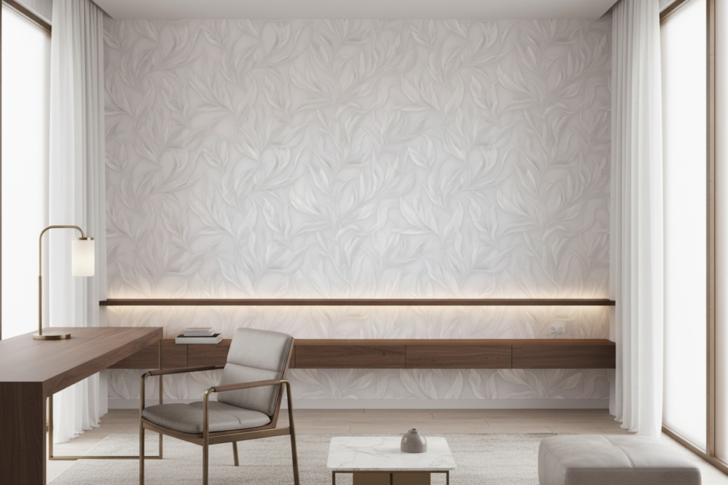 Papier peint tropical blanc nacré motifs feuilles exotiques élégantes - Bureau