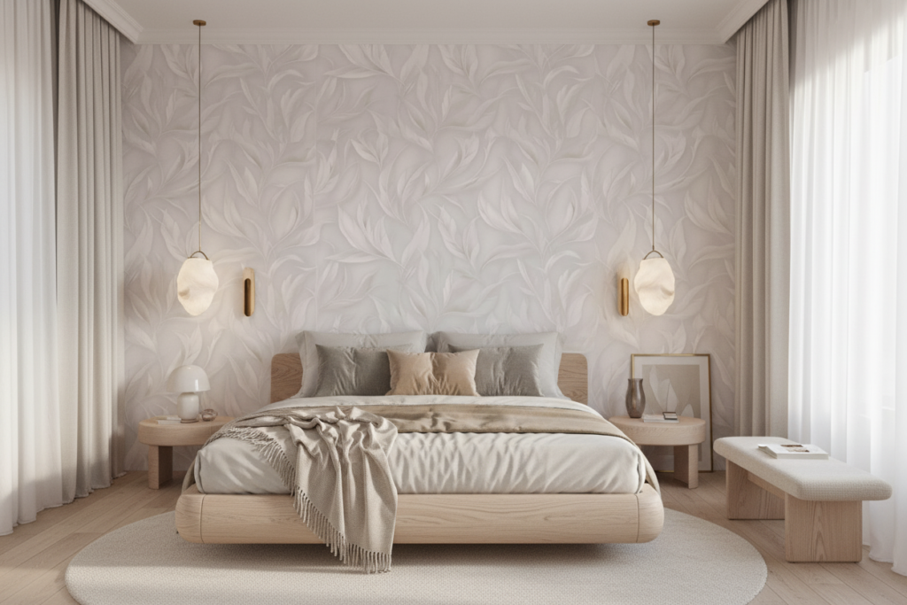 Papier peint tropical blanc nacré motifs feuilles exotiques élégantes - Chambre adulte