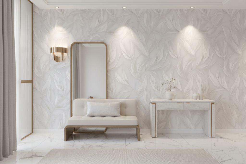 Papier peint tropical blanc nacré motifs feuilles exotiques élégantes - Entrée