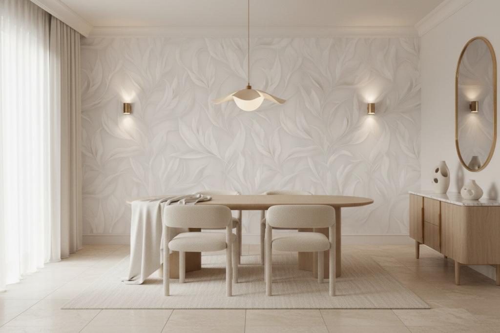 Papier peint tropical blanc nacré motifs feuilles exotiques élégantes - Salle à manger