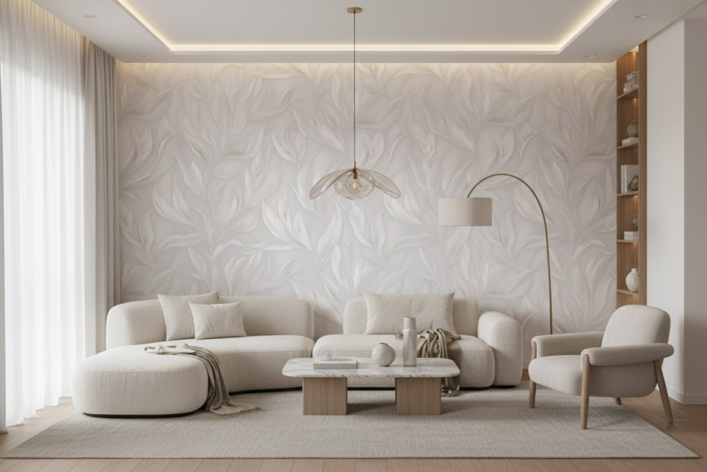 Papier peint tropical blanc nacré motifs feuilles exotiques élégantes - Salon / Séjour