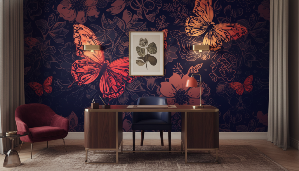 Papier peint tropical butterflies aux tons corail et orange - Bureau