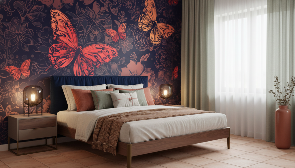 Papier peint tropical butterflies aux tons corail et orange - Chambre adulte