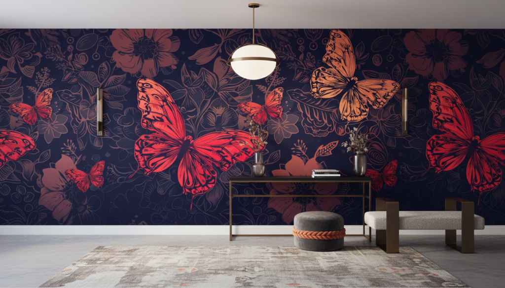 Papier peint tropical butterflies aux tons corail et orange - Entrée