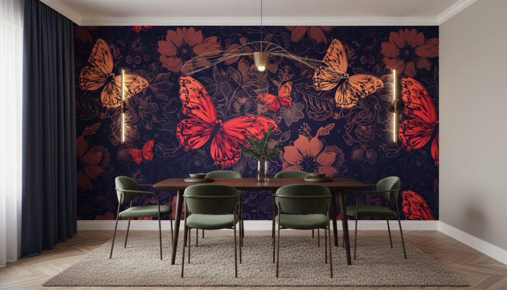 Papier peint tropical butterflies aux tons corail et orange - Salle à manger