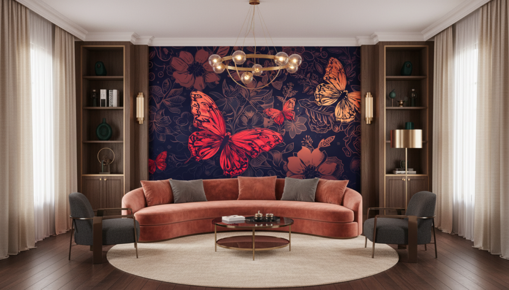 Papier peint tropical butterflies aux tons corail et orange - Salon / Séjour