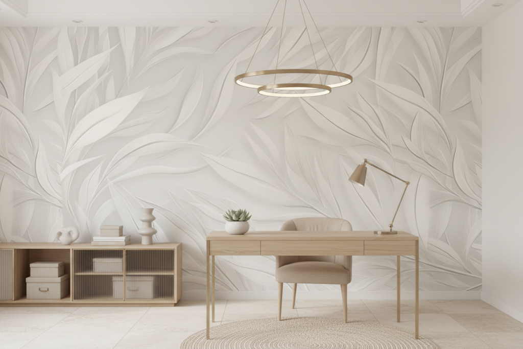 Papier peint tropical élégant feuilles blanches et grises effet satiné - Bureau