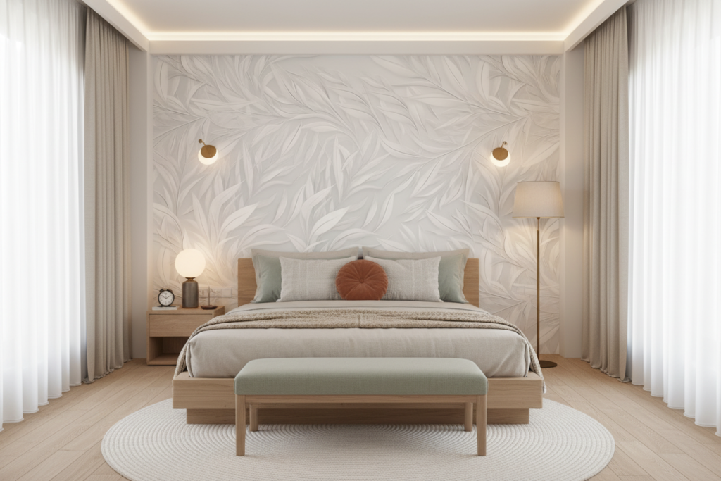 Papier peint tropical élégant feuilles blanches et grises effet satiné - Chambre adulte