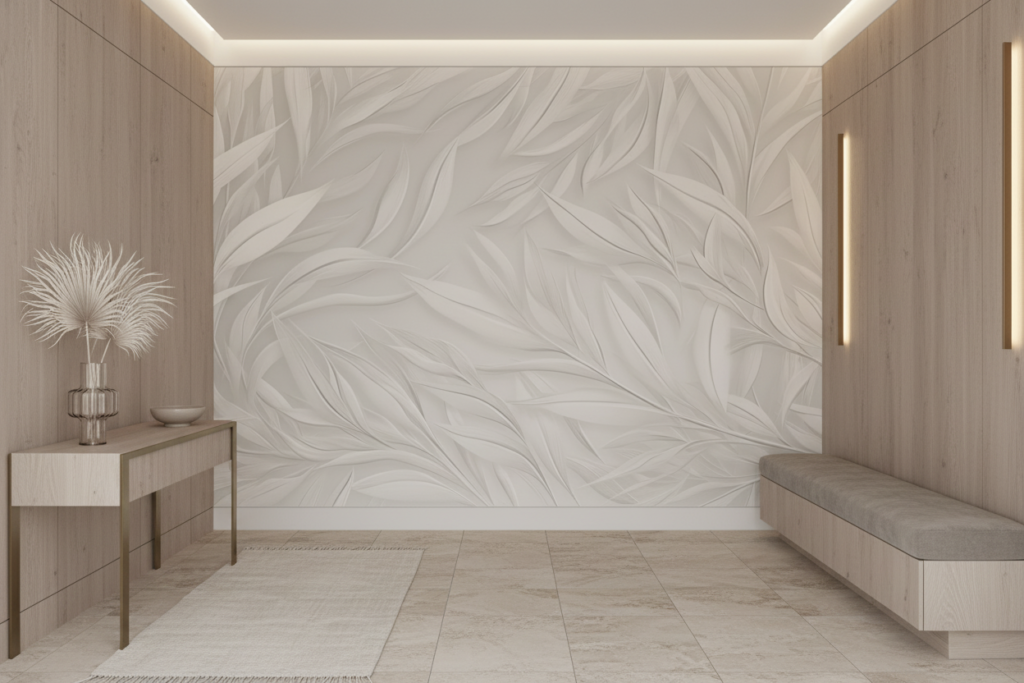 Papier peint tropical élégant feuilles blanches et grises effet satiné - Entrée