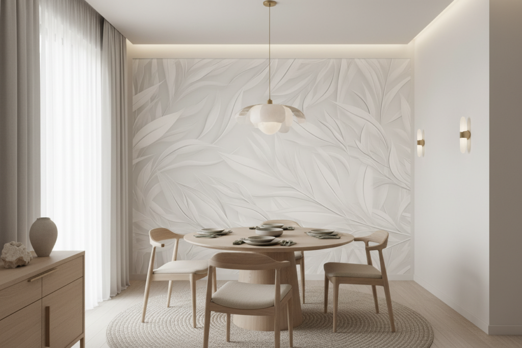 Papier peint tropical élégant feuilles blanches et grises effet satiné - Salle à manger