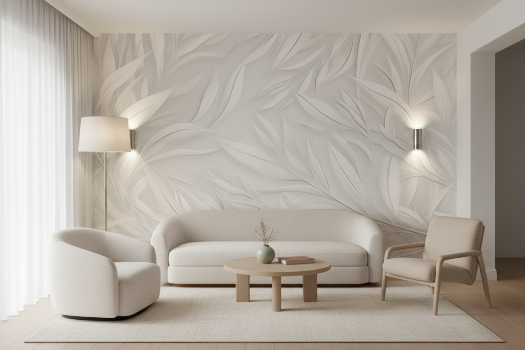 Papier peint tropical élégant feuilles blanches et grises effet satiné - Salon / Séjour