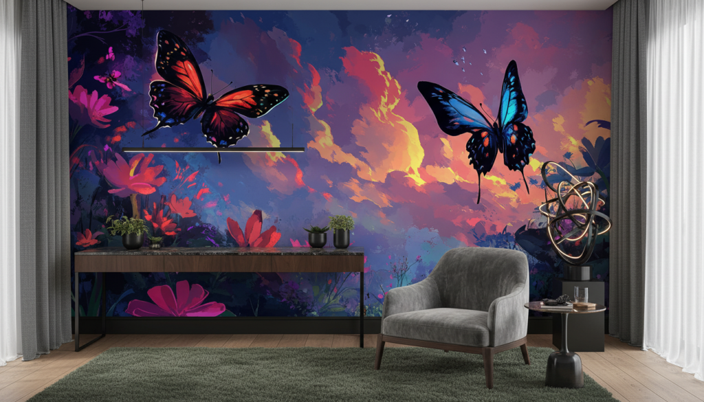 Papier Peint Tropical Crépusculaire aux Papillons Exotiques Colorés - Bureau