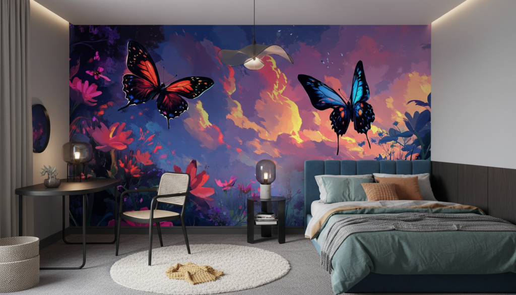 Papier Peint Tropical Crépusculaire aux Papillons Exotiques Colorés - Chambre ado