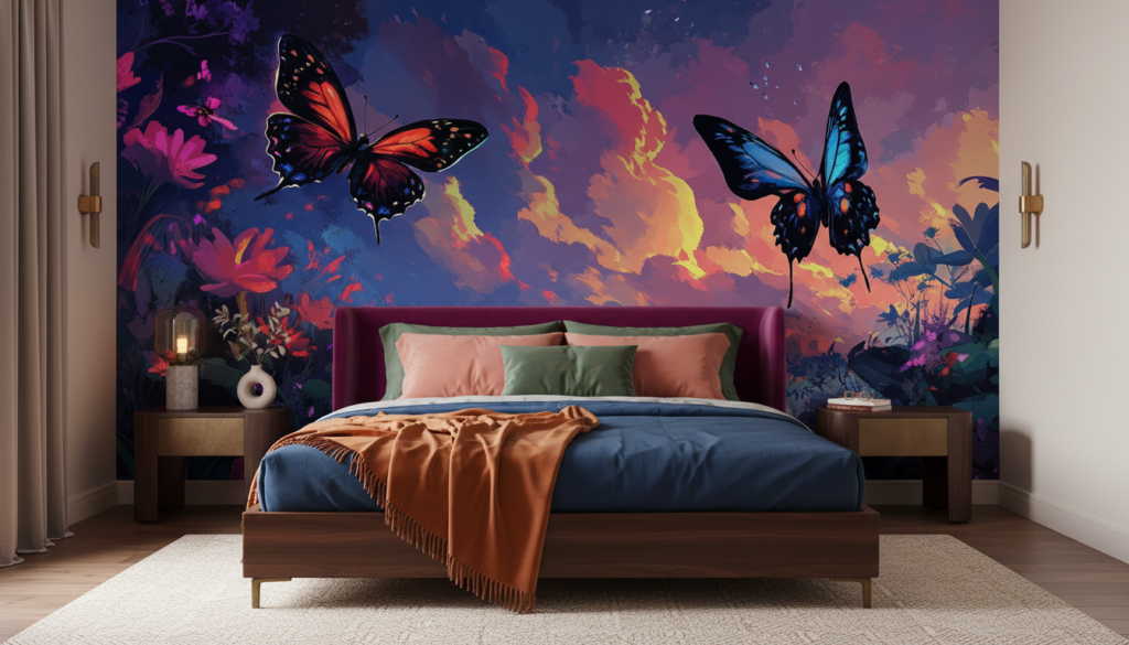 Papier Peint Tropical Crépusculaire aux Papillons Exotiques Colorés - Chambre adulte