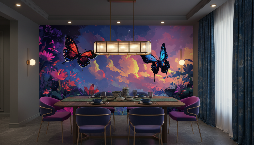 Papier Peint Tropical Crépusculaire aux Papillons Exotiques Colorés - Salle à manger