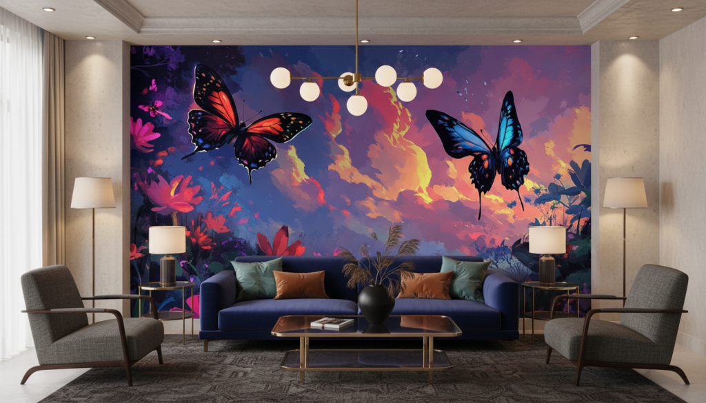 Papier Peint Tropical Crépusculaire aux Papillons Exotiques Colorés - Salon / Séjour