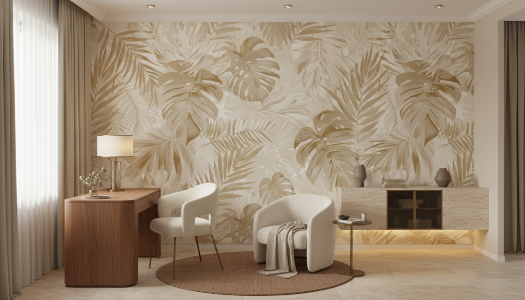 Papier Peint Tropical Doré Feuilles Exotiques Ambiance Luxueuse - Bureau