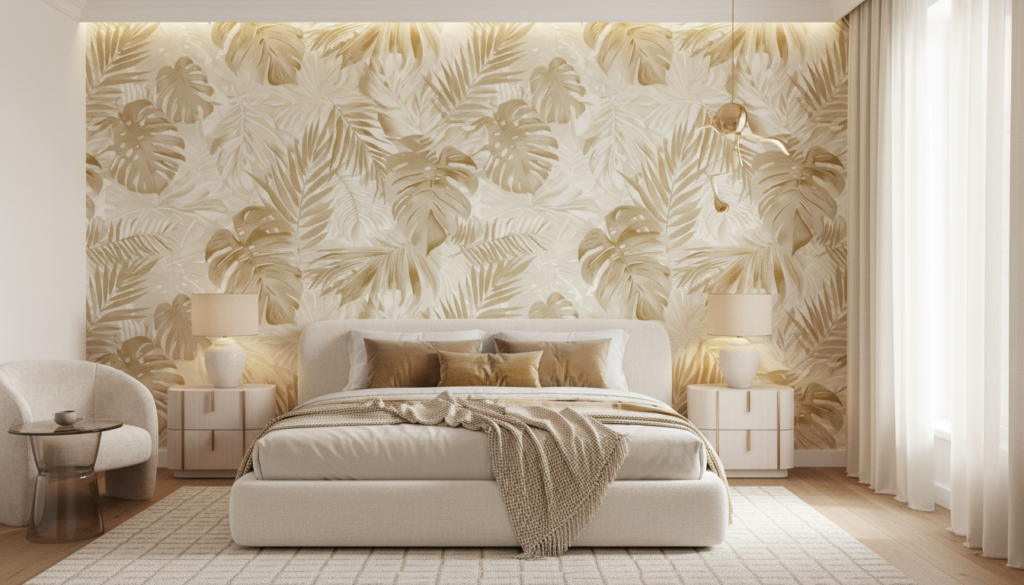 Papier Peint Tropical Doré Feuilles Exotiques Ambiance Luxueuse - Chambre adulte