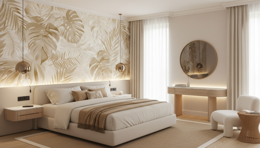 Papier Peint Tropical Doré Feuilles Exotiques Ambiance Luxueuse - Hôtel