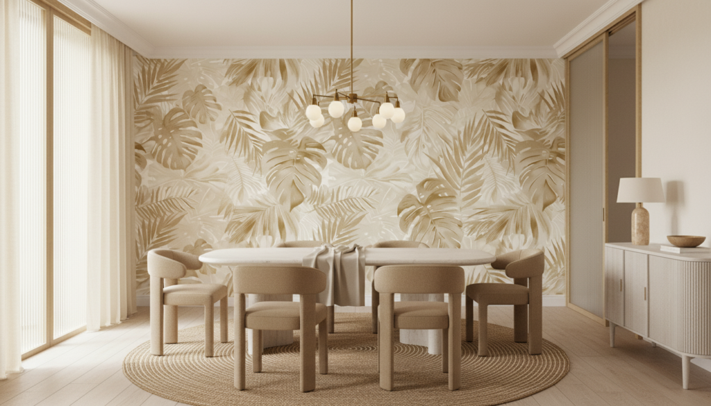 Papier Peint Tropical Doré Feuilles Exotiques Ambiance Luxueuse - Salle à manger